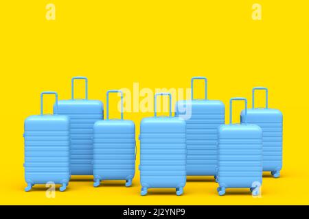 Valigia colorata o bagaglio su sfondo giallo monocromatico. 3D render del concetto e delle vacanze estive Foto Stock