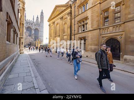 Gruppo studentesco; studenti della Cambridge University che camminano a Trinity Lane, cappella del Kings College sullo sfondo, centro di Cambridge, Cambridge UK Foto Stock