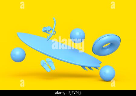 Tavola da surf colorata, palla da spiaggia e maschera scuba su sfondo giallo monocromatico. 3D render del concetto e delle vacanze estive Foto Stock