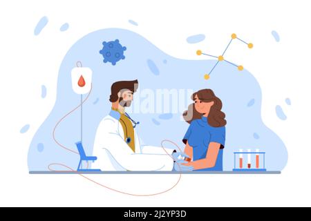 Paziente piatto e medico con siringa per il prelievo del campione di sangue in provetta in laboratorio. Donna che fa la procedura di test medico per l'analisi per la diagnosi di malattie. Ricerca di laboratorio o controllo del concetto di salute. Illustrazione Vettoriale