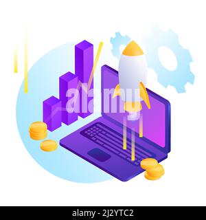 Illustrazione dei progetti di avvio. Computer, grafico, razzo e monete. Illustrazione vettoriale Illustrazione Vettoriale