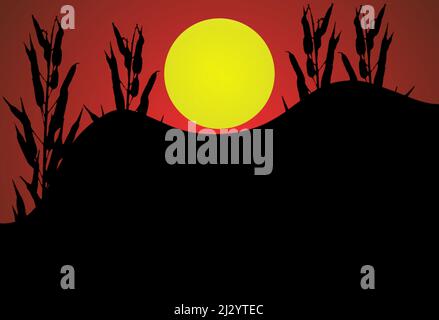 3D illustrazione silhouette di alberi al tramonto con astratto montagna Foto Stock