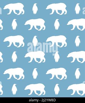Modello vettoriale senza cuciture di pinguino imperatore bianco e sagoma dell'orso polare isolato su sfondo blu Illustrazione Vettoriale