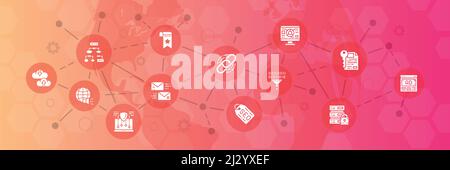 Illustrazione delle icone vettoriali SEO. Bookmark, Hosting, Hyperlink, Advertisement, Data Transfer, banner tipografico con icone della riga di promozione. Illustrazione Vettoriale
