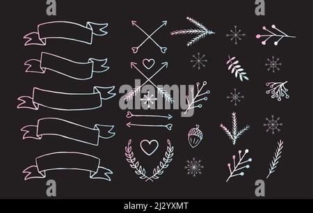 Set vettoriale di golografie Doodle inverno a mano disegnato elementi di Natale, frecce, nastri, simboli. Fascio di scarabocchio isolato su sfondo nero Illustrazione Vettoriale