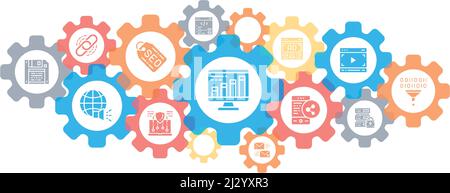 Modello di pagina di destinazione SEO. Bookmark, Hosting, Hyperlink, Advertisement, Data Transfer icone banner concetto per sito web e mobile design. Illustrazione Vettoriale