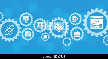 SEO sito web modello di disegno banner. Bookmark, Hosting, Hyperlink, Advertisement, Data Transfer Vector Illustration per banner di presentazione del sito web. Illustrazione Vettoriale