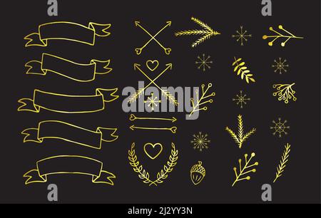 Set vettoriale dorato di elementi di Natale invernali trafilati a mano, frecce, nastri, simboli. Pacchetto di deltapety glitter isolato su backgroun nero Illustrazione Vettoriale