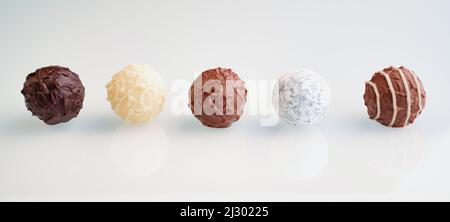 fila di cinque tartufi di cioccolato su sfondo bianco con riflessi, dimensione banner Foto Stock