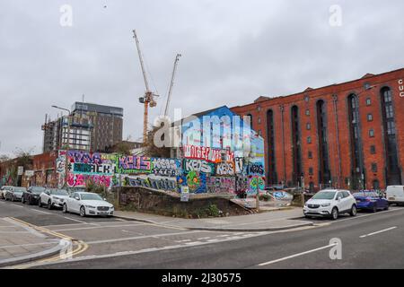 Skate Park, Baltic Triangle, Liverpool, Graffiti e Street Art Foto Stock