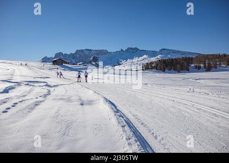 Piste da sci sull'altopiano vicino all'Alpe di Seiser e Ortisei a Gröden aka Val Gardena, Provincia Autonoma di Bolzano - Alto Adige, Italia Foto Stock