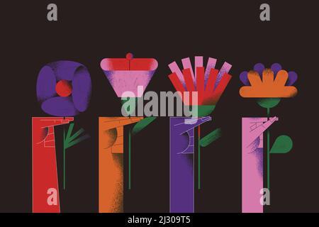 Celebrare la positività della vita e l'arrivo della primavera. Mani diverse che tengono bei e grandi fiori. Illustrazione astratta e stagionale. Foto Stock