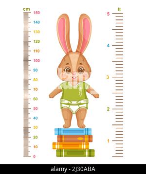 Tabella altezza bambini con simpatico coniglietto, misurazione crescita bambini. Righello da parete del misuratore. Personaggio di coniglio del bambino sulla pila del libro. Stadio di crescita infantile. Vettore Illustrazione Vettoriale