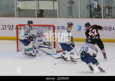 29 settembre 2015 - Corea del Sud, Goyang : le pale di ghiaccio di Tohoku del Giappone e gli alti 1 della Corea del Sud giocano durante l'Asia Ice Hockey League 2015 al Goyang Ice link di Gyeong Gi, Corea del Sud. Oggi la partita ha vinto le pale di ghiaccio Tohoku, punteggio 2-0. Foto Stock