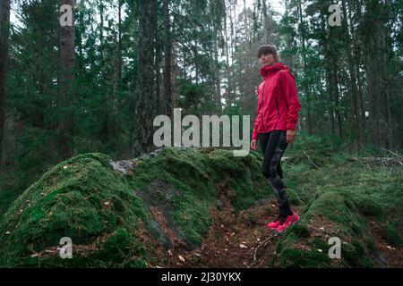 La donna fa un'escursione su rocce mosche attraverso la foresta nel Parco Nazionale di Tireta in Svezia Foto Stock