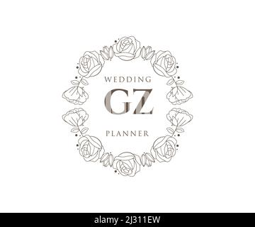 GZ iniziali lettera matrimonio monogramma collezione loghi, modelli moderni minimalistici e floreali disegnati a mano per carte di invito, Salva la data, elegante Illustrazione Vettoriale