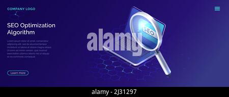 SEO, algoritmo di ottimizzazione dei motori di ricerca, illustrazione isometrica dei vettori concettuali. Laptop e lente di ingrandimento per il monitoraggio e l'analisi dei dati, blu Illustrazione Vettoriale