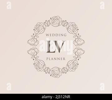 LV iniziali lettera matrimonio monogramma collezione loghi, disegnati a mano moderni minimalistici e modelli floreali per carte di invito, Salva la data, elegante Illustrazione Vettoriale