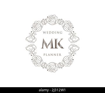 MK iniziali lettera Wedding monogramma collezione loghi, disegnati a mano moderni minimalistici e modelli floreali per carte di invito, Salva la data, elegante Illustrazione Vettoriale