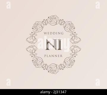 NI iniziali lettera Wedding monogramma collezione loghi, disegnati a mano moderni minimalistici e modelli floreali per carte di invito, Salva la data, elegante Illustrazione Vettoriale