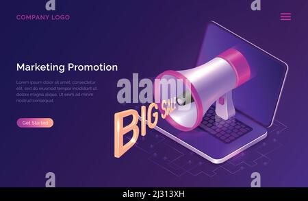 Promozione marketing, illustrazione vettoriale del concetto isometrico. Grande megafono o altoparlante con parole grandi vendite volanti fuori e aperto laptop, atterraggio web Illustrazione Vettoriale