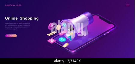 Marketing digitale e shopping online, illustrazione vettoriale del concetto isometrico. Telefono cellulare, grande megafono o altoparlante e vendita 3D e sconto PROM Illustrazione Vettoriale