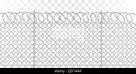 Recinzione in rete metallica con filo spinato a spirale in acciaio con punte, rappresentazione vettoriale realistica su sfondo trasparente. Recinzione o barriera con il el Illustrazione Vettoriale