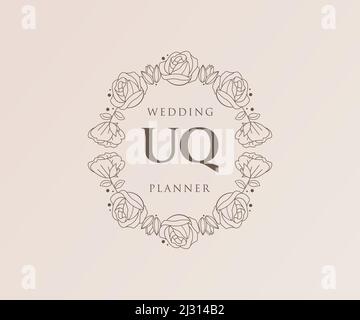 UQ iniziali lettera matrimonio monogramma collezione loghi, disegnati a mano moderno minimalista e modelli floreali per carte di invito, Salva la data, elegante Illustrazione Vettoriale