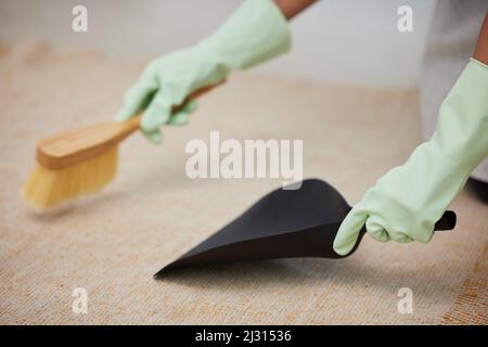 Le gioie dei capelli e dei tappeti degli animali domestici. Scatto corto di un irriconoscibile usando una scopa a mano e una paletta per pulire il suo tappeto a casa. Foto Stock