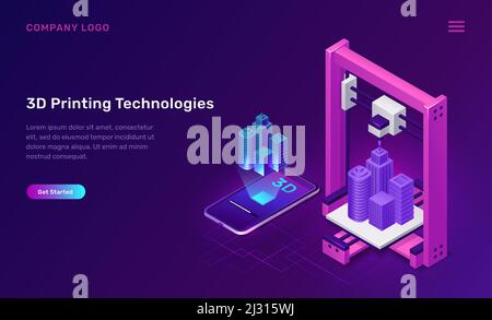 Tecnologia di stampa 3D, illustrazione vettoriale del concetto isometrico. Il prototipo di stampante 3D produce un modello virtuale dimensionale di costruzione sopra il telefono cellulare Illustrazione Vettoriale