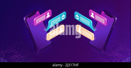 Chat bot o mobile chat, illustrazione vettoriale isometrica concettuale. Icone sms di dialogo o bolle di testo sullo schermo di due smartphone uno di fronte all'altro, Illustrazione Vettoriale