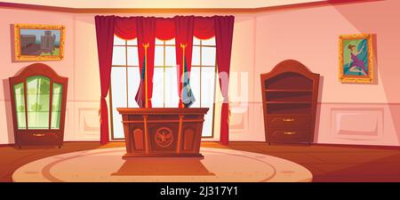 Armadio ovale con mobili, interno ufficio per il Presidente degli Stati Uniti posto di lavoro in residenza ufficiale Casa Bianca, scrivania e libreria in legno, nazione Illustrazione Vettoriale