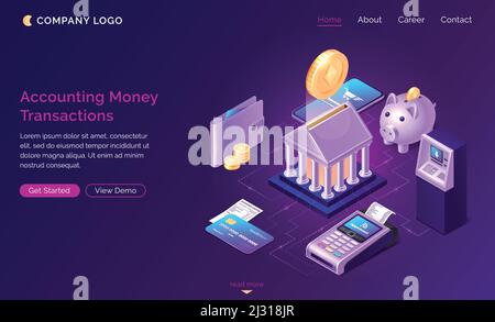 Transazioni di moneta contabile, vettore di concetto di finanza isometrica. Edificio bancario con moneta d'oro, banca a gettoni, terminale di pagamento, icone di carte di credito con co Illustrazione Vettoriale