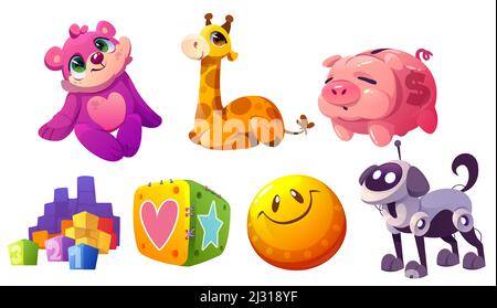 Giocattoli per bambini, animali di peluche, palla, blocchi, pig bank e robot per cani. Set di cartoni animati vettoriali di simpatico orso morbido e giraffa, scatola di denaro di maiale, cucciolo meccanico e cubetti per il gioco del bambino Illustrazione Vettoriale