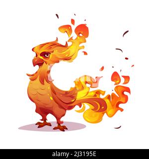 Bella phoenix, personaggio di uccelli da fuoco con piume arancione che bruciano. Vettore cartoon illustrazione della fiaba fenix, mitologia uccello magico con fuoco isolato su sfondo bianco Illustrazione Vettoriale