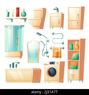 Mobili moderni per il bagno cartoni animati serie di illustrazioni vettoriali. Vasca da bagno, doccia, lavatrice, lavabo e wc, scaffali e mensola per accessori, scaldasalviette Illustrazione Vettoriale