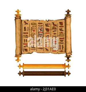 Antico Egitto papiro scorrere cartoon vettore raccolta con geroglifici e la cultura egiziana simboli religiosi, antichi dei e l'uccello sacro, isolato Illustrazione Vettoriale