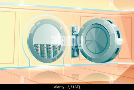 Camera con volta, porta rotonda in metallo aperta con serratura a combinazione elettronica, illustrazione vettoriale cartoon, sfondo finanziario Illustrazione Vettoriale