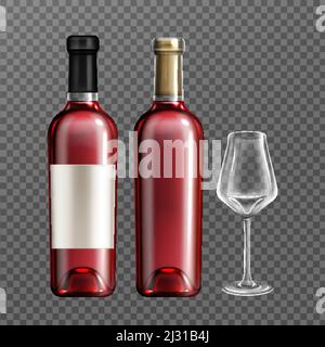 Bottiglie di vino in vetro con liquido rosso e bicchiere vuoto immagine vettoriale realistica. Bottiglia per alcool da cantina trasparente, chiusa con sughero, con bla Illustrazione Vettoriale