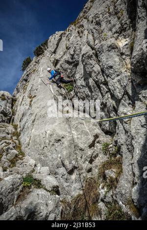 Arrampicatori che conducono il percorso a più passi su Leonhardstein, Prealpi bavaresi Foto Stock