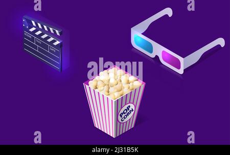Icone cinematografiche o cinematografiche concetto isometrico illustrazione vettoriale. Secchio di popcorn, vetri 3D e clapper isolati su sfondo ultravioletto. Illustrazione Vettoriale