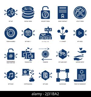 Icona NFT in stile piatto. Simboli di proprietà virtuale e denaro digitale. Tecnologia token non fungibile. Illustrazione vettoriale. Illustrazione Vettoriale