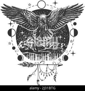 Stampa vettoriale in tatuaggio nero corvino o t-shirt Illustrazione Vettoriale