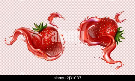 Fragola con spruzzi di succo, illustrazione vettoriale realistica. Bacche rosse dolci mature con foglie verdi e semi in liquido cadente con gocce volanti, iso Illustrazione Vettoriale