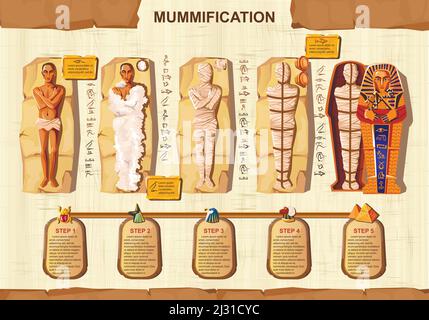 Illustrazione infografica vettoriale cartoon creazione mummia. Fasi di processo di mummificazione, embalming corpo morto, avvolgimento con stoffa e posizionamento in sarco Illustrazione Vettoriale