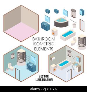 Costruttore di interni per bagno, illustrazione isometrica vettoriale piatta Illustrazione Vettoriale