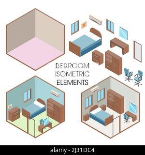 Costruttore di camere da letto, illustrazione isometrica vettoriale piatta Illustrazione Vettoriale