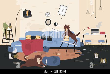 I cani di Naughty giocano nel soggiorno insieme illustrazione vettoriale. Cartoon mischievous animali domestici che saltano con calze, cuscino del divano strappante, caos e mess dopo i giochi del cane sfondo. Concetto di disturbo del comportamento Illustrazione Vettoriale