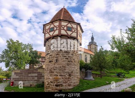 Burgbernheim, torre della corda, chiesa di San Giovanni Foto Stock