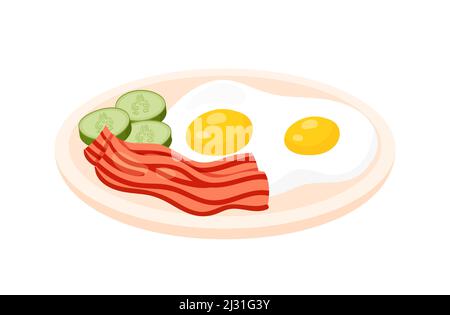 Pasto a base di piatti per la colazione. Uova fritte con pancetta, menu del piatto del mattino illustrazione isolata Illustrazione Vettoriale